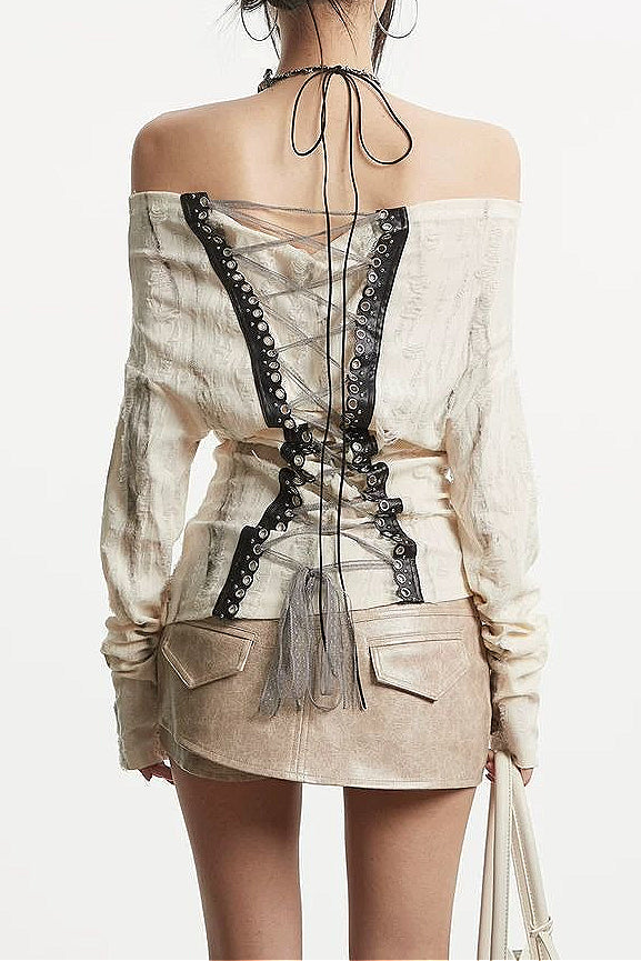 Punk Ripped Apricot Lace-up Off Shoulder T-shirt