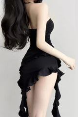 Black Strapless Backless Ruffled Irregular Mini Dress