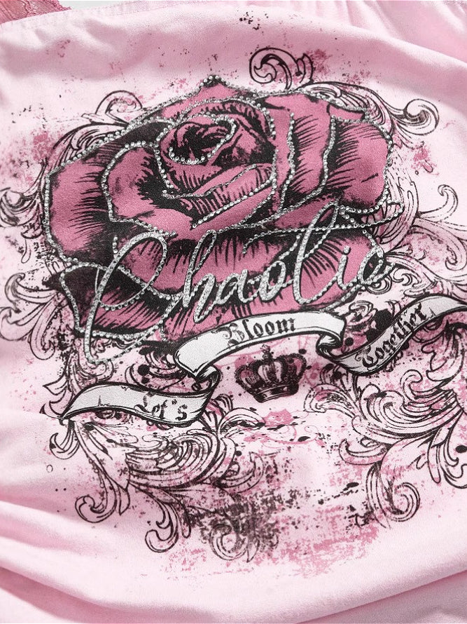 Vintage Lace Rose Print Fake Two-piece Halter Top