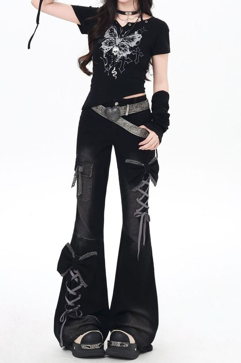 Bow Detail Flared Denim Pants