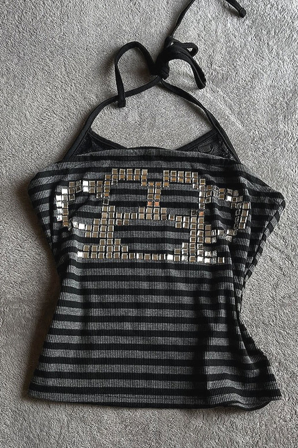Striped Vintage Rhinestone Knuckle Print Halter Top Main image