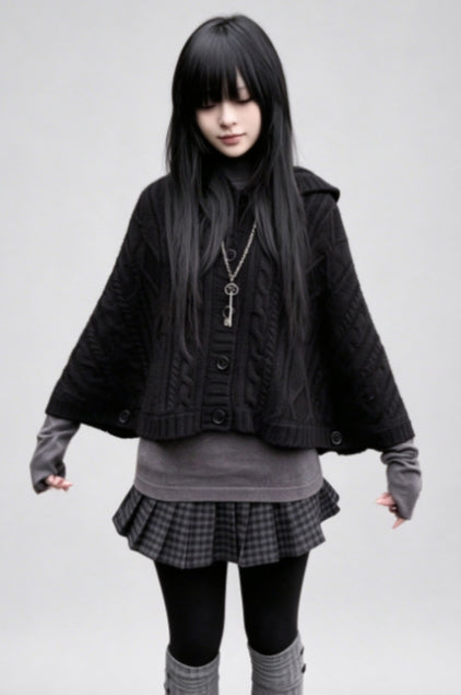 Cable Knit Hooded Cape Sweaters