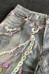 Punk Heavy Chain Print Floor-Length Denim Pants