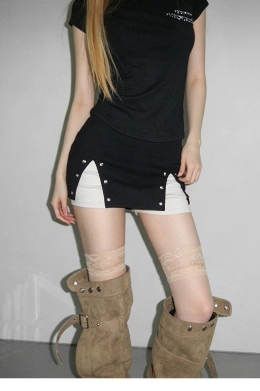 Contrast Insert Studded Mini Skirts