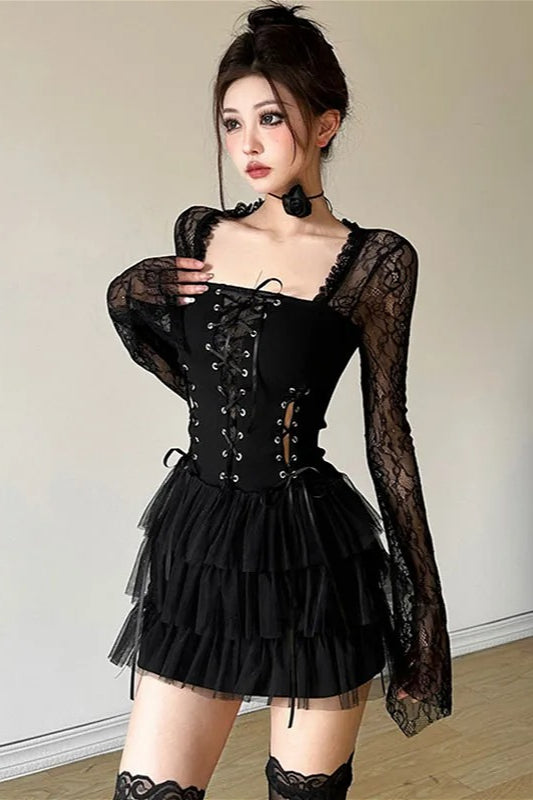 Dark Academic Lace Patchwork Mini Dress Main image