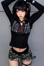 Gothic Graphic Hooded Long Sleeve  Crop Top