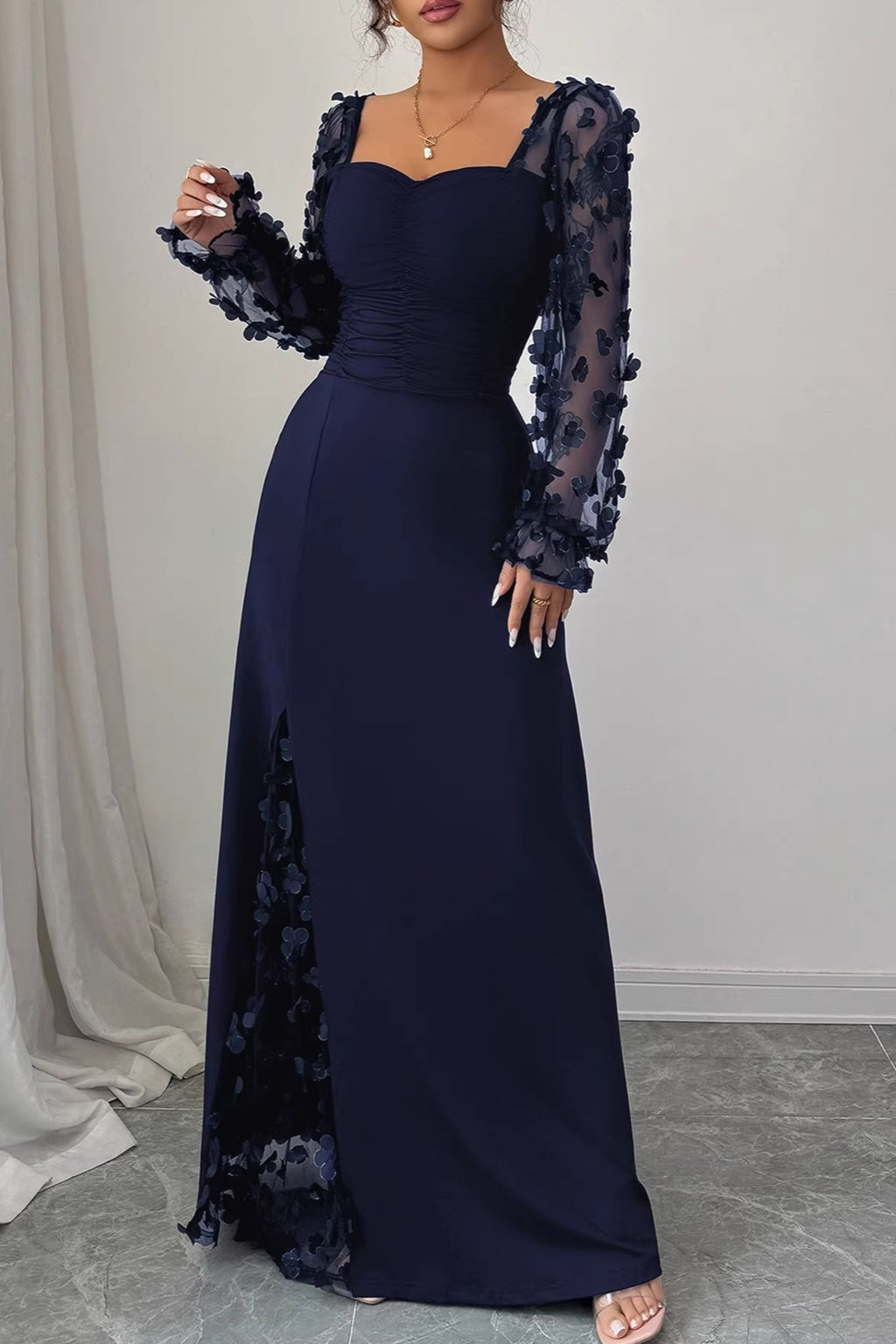 Floral Mesh Sleeve Panel Maxi Dress