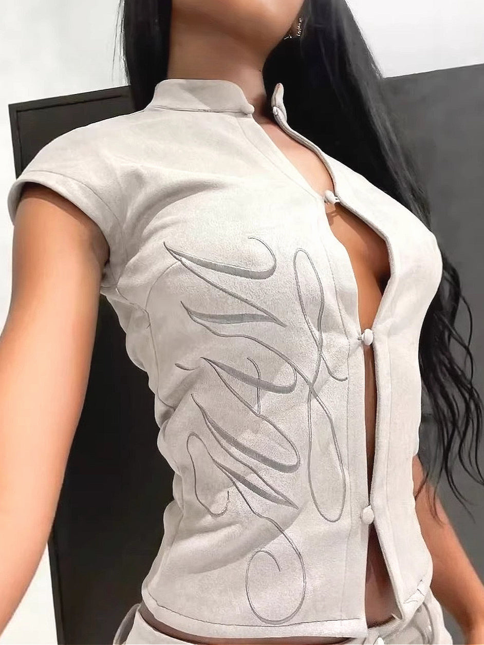 Oriental Stand Collar Letter Printed Frog Button T-shirt