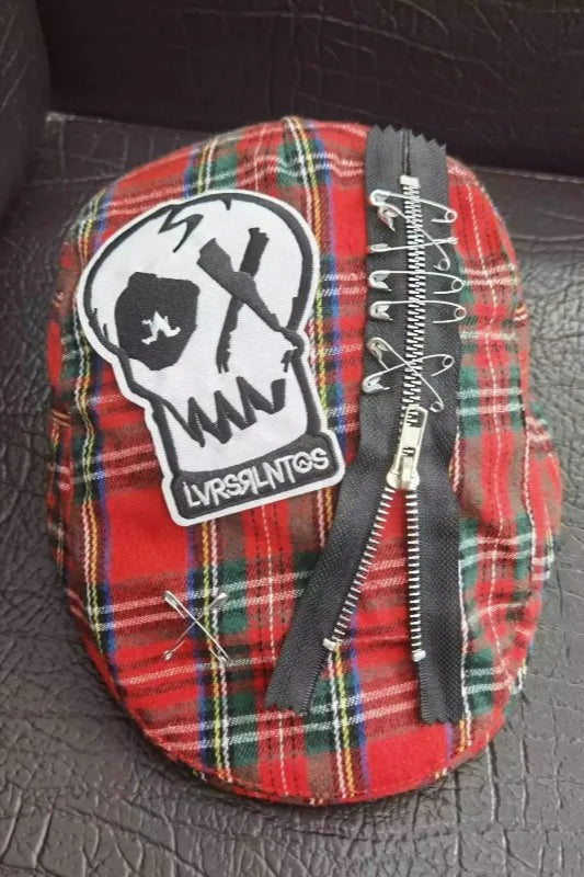 Red Plaid Punk Skull Gothic Retro Hat Secondary image