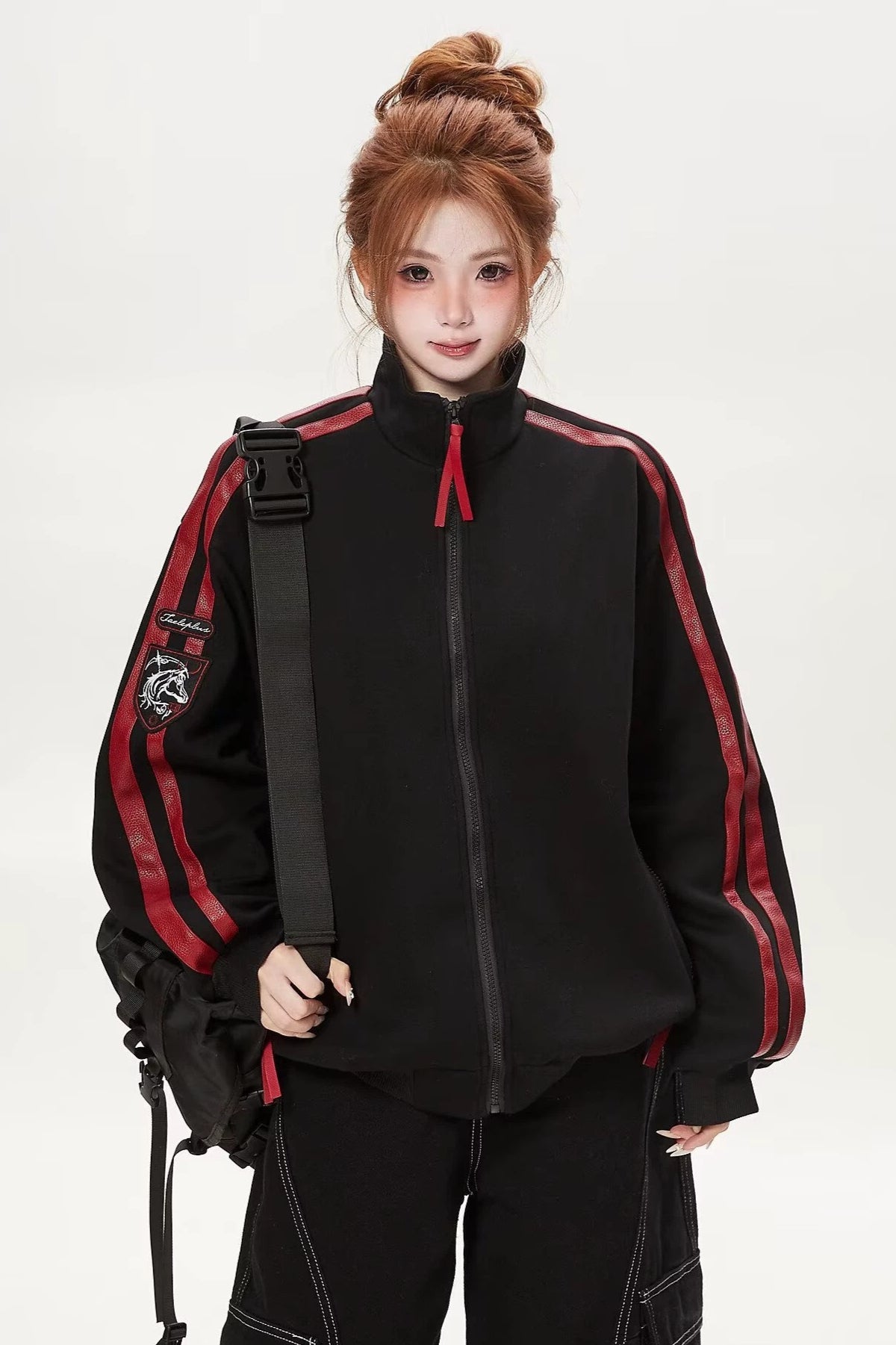 Stand Collar Striped Panel Jacket