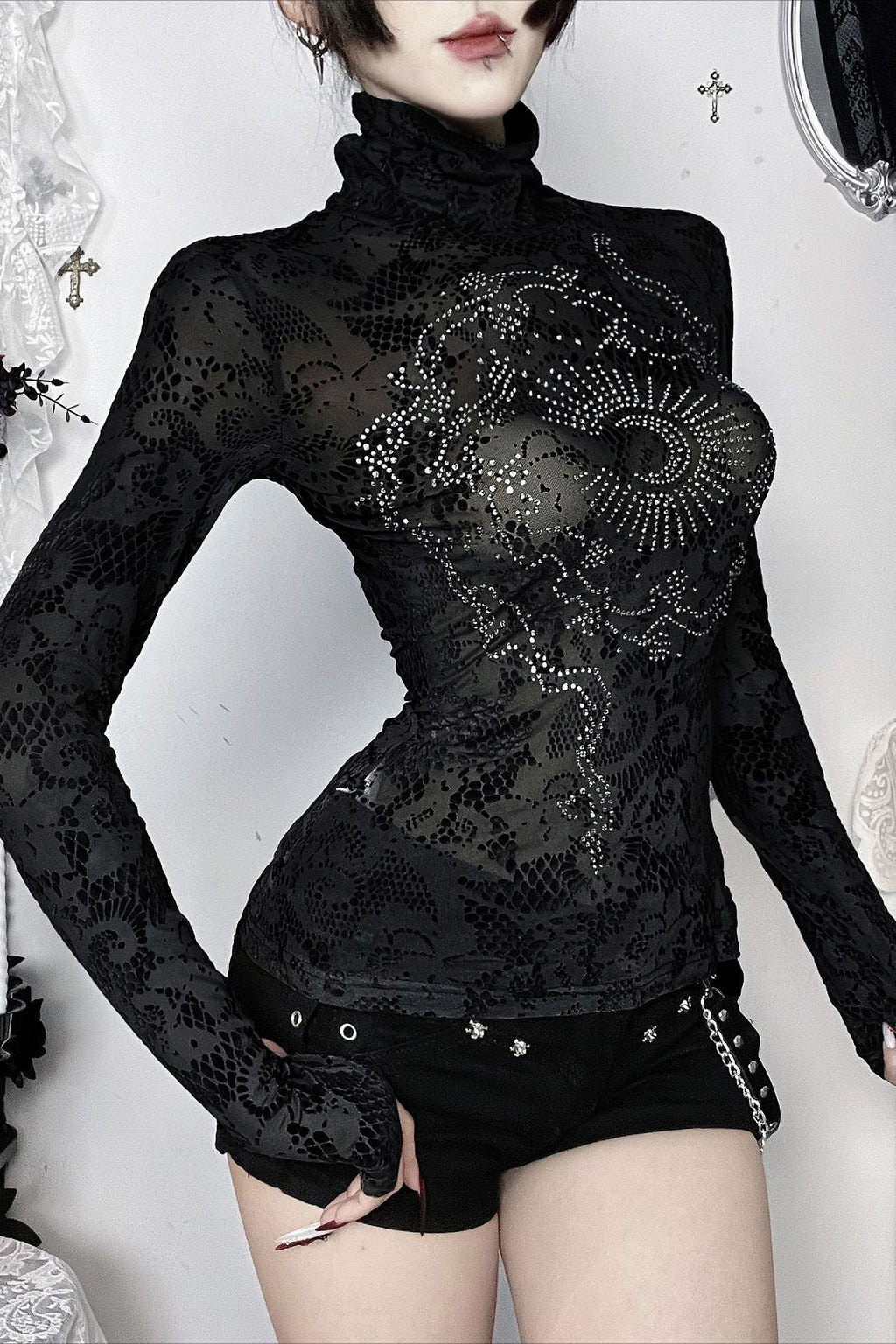 Gothic Flocked Rhinestone T-Shirt