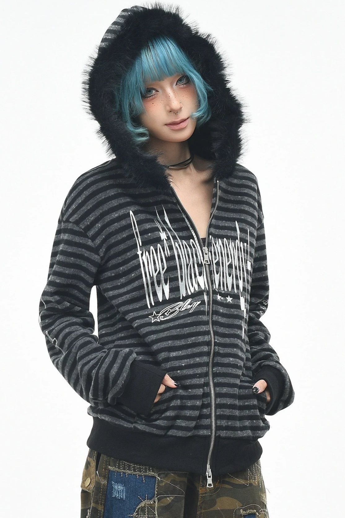 GothicPunkBlack and Grey Striped Cropped Hoodie Main image