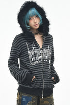 GothicPunkBlack and Grey Striped Cropped Hoodie