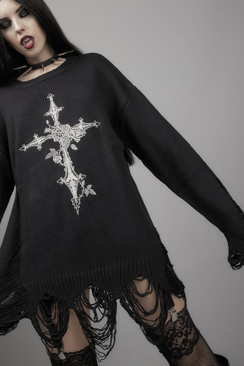 Knit Cross Cutout Distressed Long Sleeve Sweater Main image