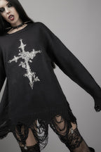 Knit Cross Cutout Distressed Long Sleeve Sweater