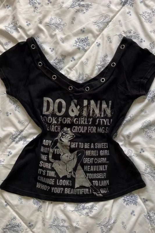 Trendy Y2K Letter Print V-neck Fitted T-shirt Secondary image