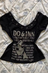 Trendy Y2K Letter Print V-neck Fitted T-shirt