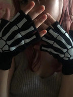 Winter Warm Black Skull Fingerless Gloves