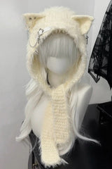 Harajuku Cat Ear Cross Chain Leather Buckle Knitted Winter Hat
