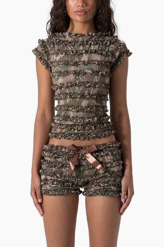 Ruffled Hollow Out Lace-up T-shirt