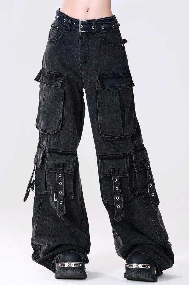 Buckle Pocket Cargo Denim Pants