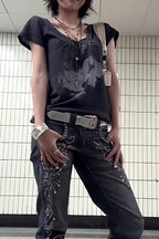 Portrait Print Vintage Slim Regular Shoulder T-Shirt
