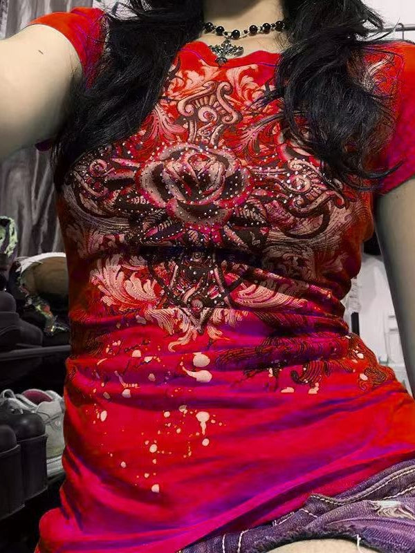 Y2K Vintage Gothic Rose Print T-Shirt
