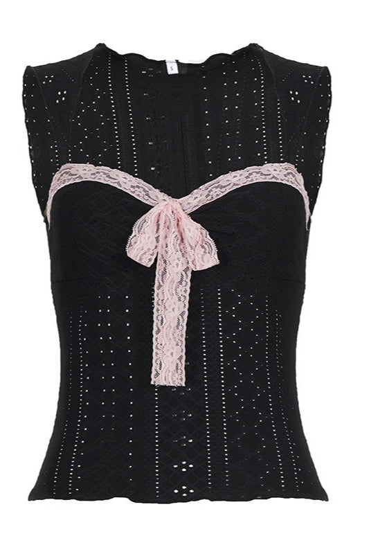 Contrast Lace Bow Textured Tank Top