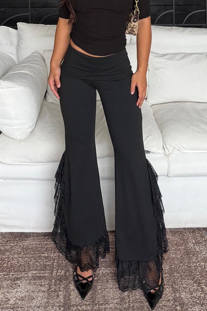 Lace Hem Foldover Flared Pants
