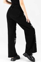 Black Distressed Graphic Straight-Leg Pants