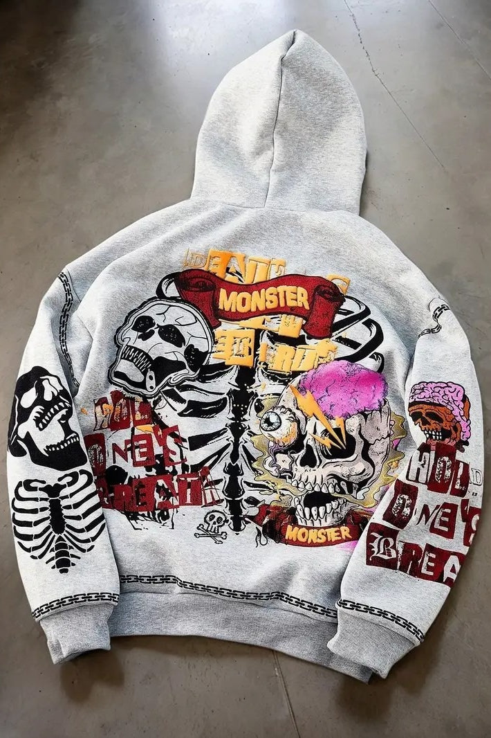Gothic Skull Print Light Gray Hoodie