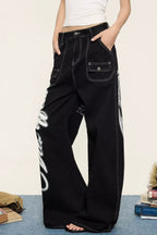 Wing Print Wide Leg Denim Pants