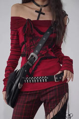 Vintage Goth Striped Off Shoulder Knit Top