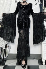 Dark Goth Flocking Lace Batwing Sleeve Hooded Maxi Dress