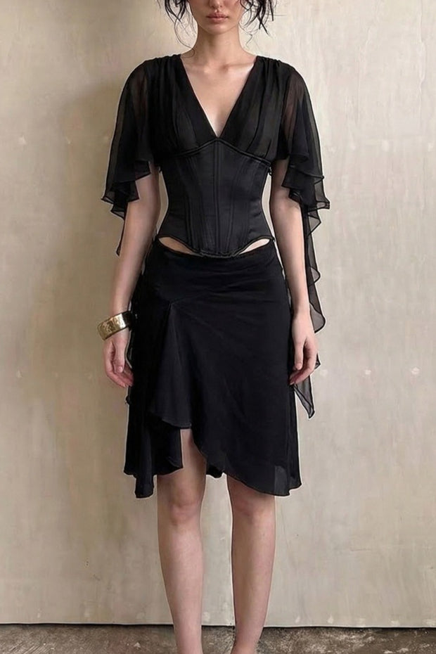 Draped Split Sleeve Ruffle Skirt Sets