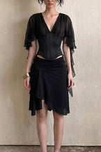 Draped Split Sleeve Ruffle Skirt Sets