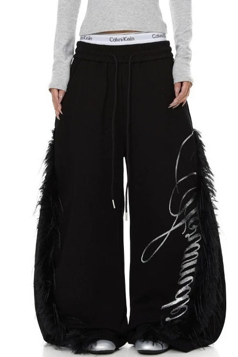 Fringed Side Script Wide Pants