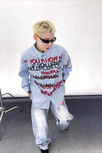 Stripe Punk Slogan Print Relaxed Fit Long Sleeve Blouse