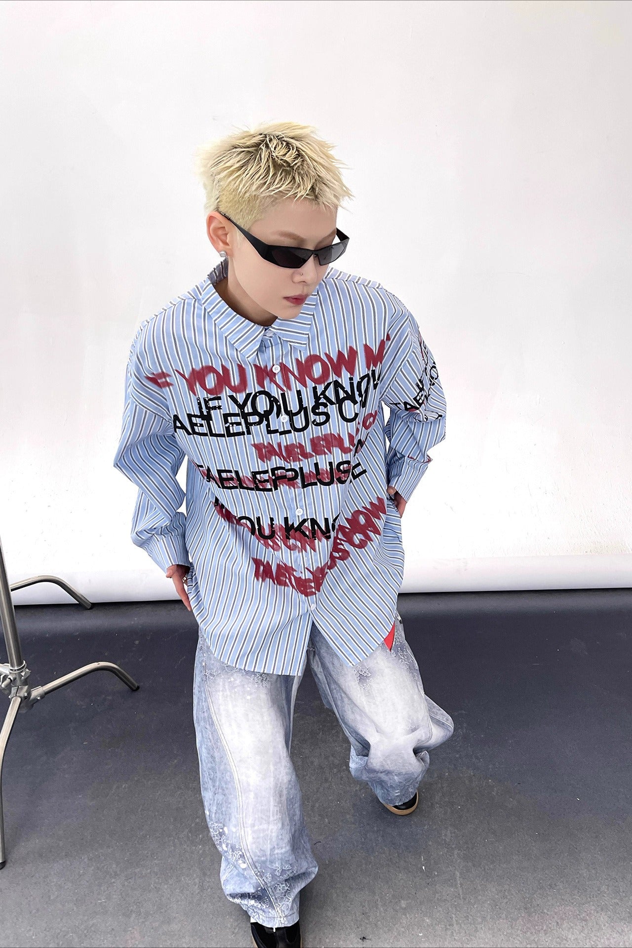 Stripe Punk Slogan Print Relaxed Fit Long Sleeve Blouse