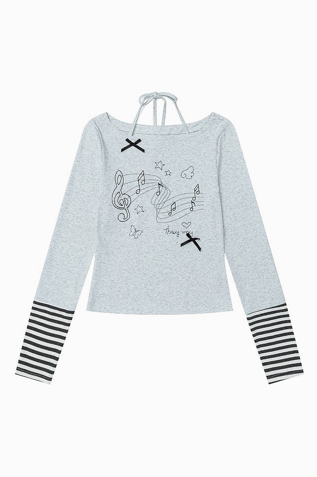 Musical Note Print Striped Halter Top Secondary image