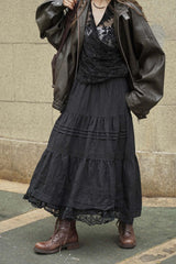 Slouchy Vintage Patchwork Floral Ruffle A-Line Maxi Skirt