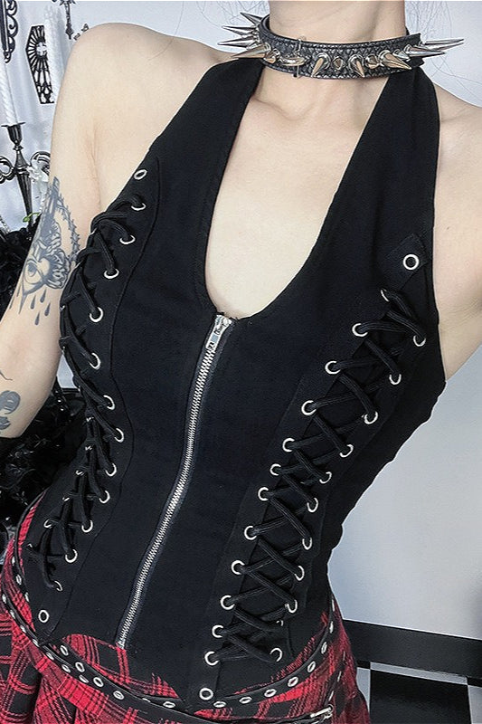 Punk Grommet Lace-up Halter Top