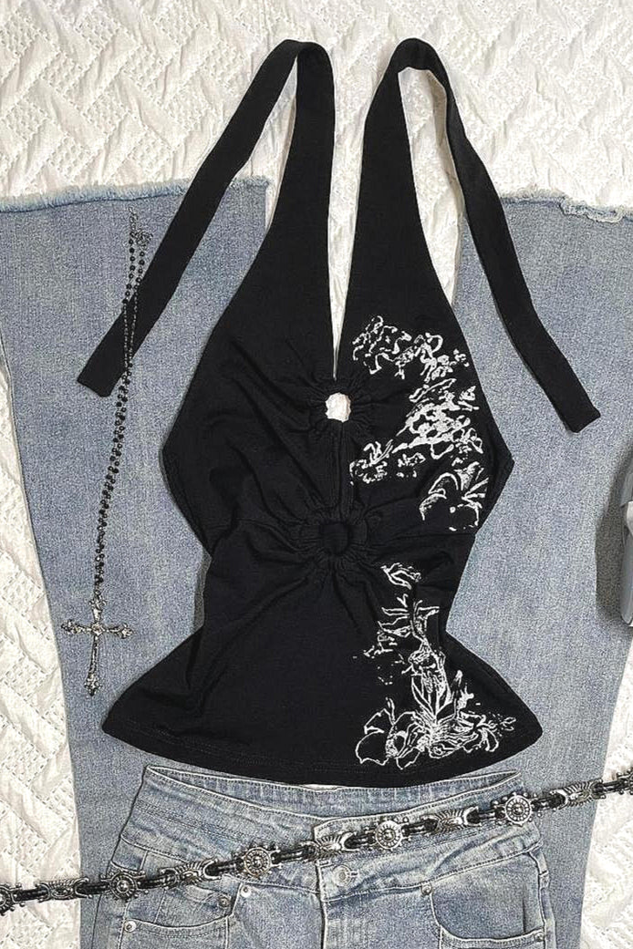 Y2K Lily Print Sleeveless Halter Top Secondary image