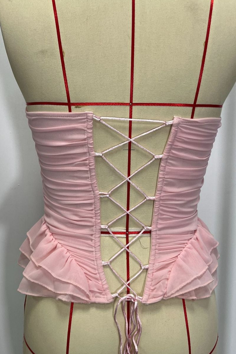 Apricot Ruffled Strapless Lace Up Corset