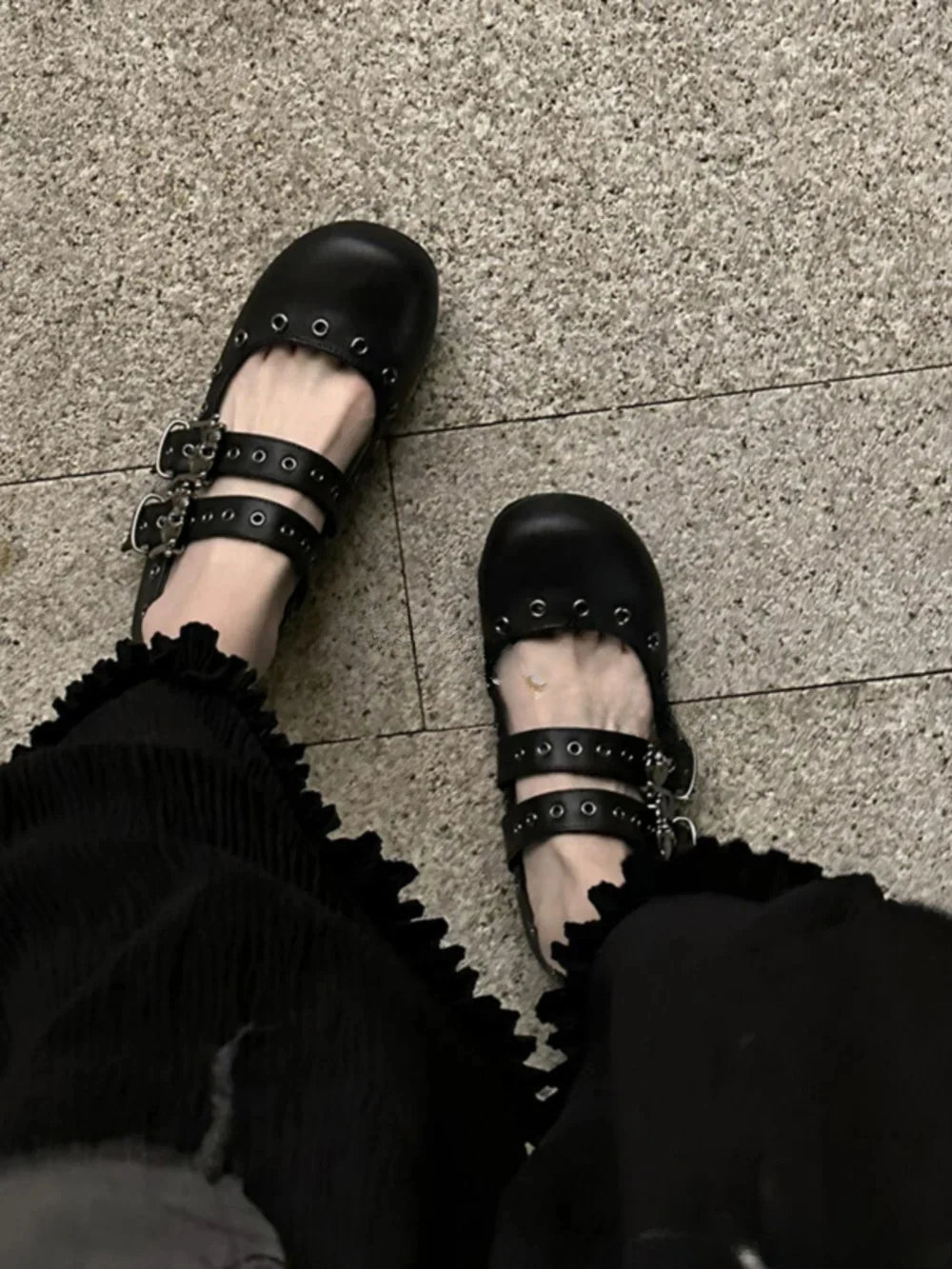 Gothic Punk Style Double Buckle Skull Rivet Flat Ballet Flat Secondary image