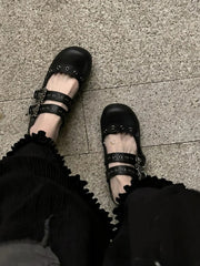Gothic Punk Style Double Buckle Skull Rivet Flat Ballet Flat