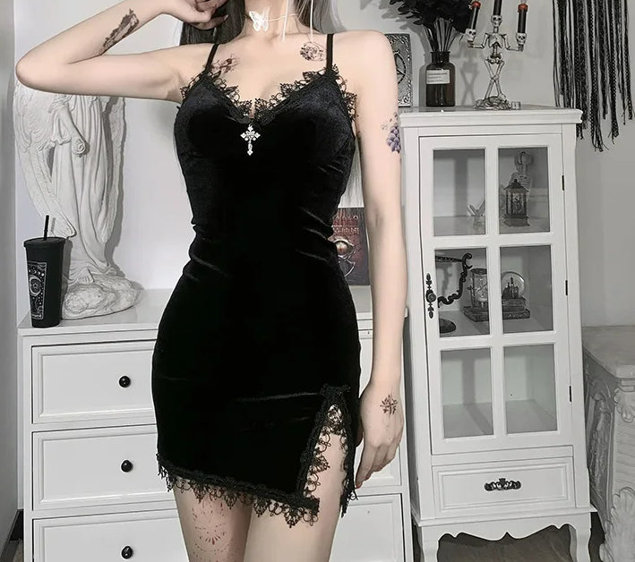 Cross Black Slit Mini Dress