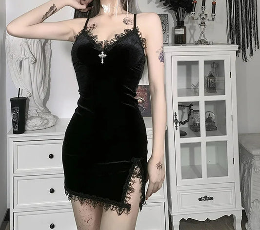 Cross Black Slit Mini Dress