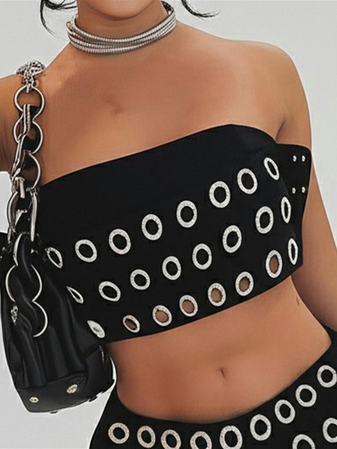 Edgy Cool Eyelet Detail Strapless Bandeau Crop Top Secondary image