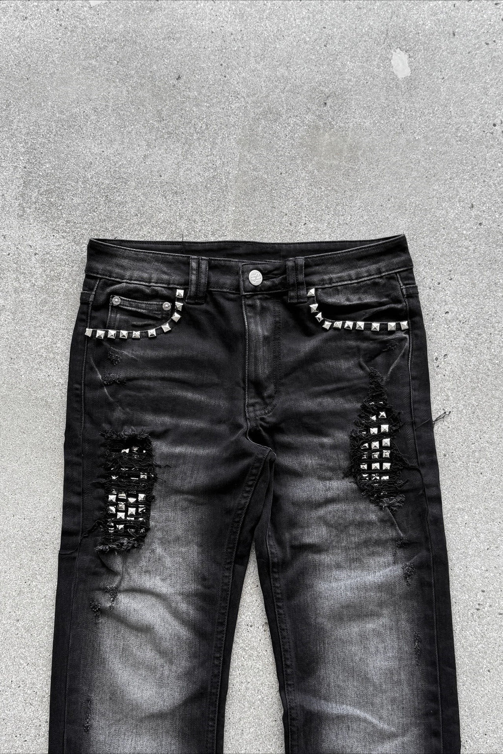 Rhinestone Washed High Street Unisex Denim Pants